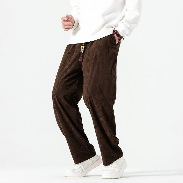 Buddha Stones Pantalones tobilleros de pana de corte recto con cordón ajustable, estilo boho casual para otoño/invierno, para hombre, con bolsillos. - image 6