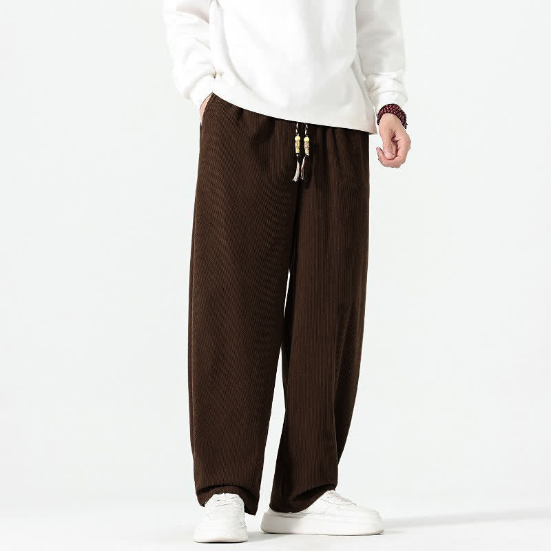 Buddha Stones Pantalones tobilleros de pana de corte recto con cordón ajustable, estilo boho casual para otoño/invierno, para hombre, con bolsillos. - image 3
