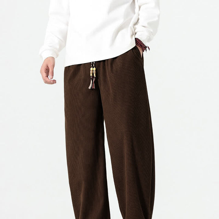 Buddha Stones Pantalones tobilleros de pana de corte recto con cordón ajustable, estilo boho casual para otoño/invierno, para hombre, con bolsillos. - image 10