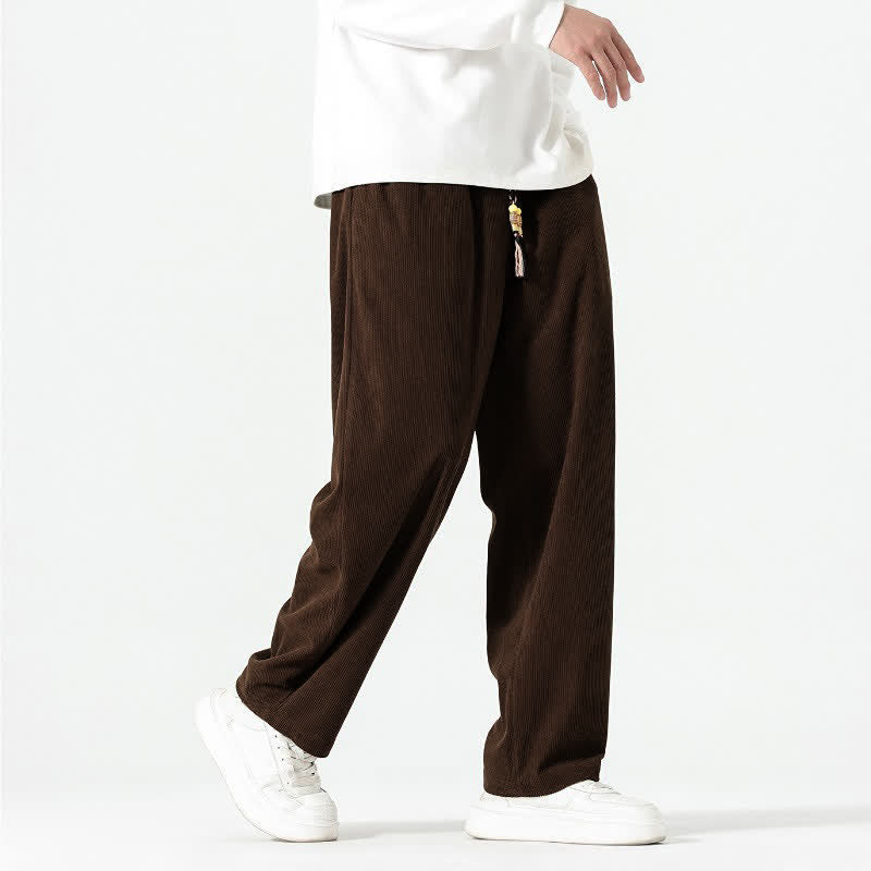 Buddha Stones Pantalones tobilleros de pana de corte recto con cordón ajustable, estilo boho casual para otoño/invierno, para hombre, con bolsillos. - image 2