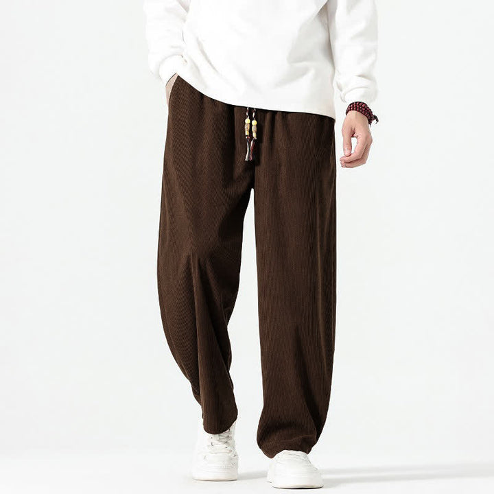 Buddha Stones Pantalones tobilleros de pana de corte recto con cordón ajustable, estilo boho casual para otoño/invierno, para hombre, con bolsillos. - image 5