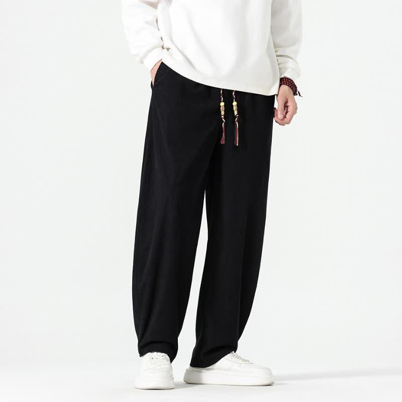 Buddha Stones Pantalones tobilleros de pana de corte recto con cordón ajustable, estilo boho casual para otoño/invierno, para hombre, con bolsillos. - image 16