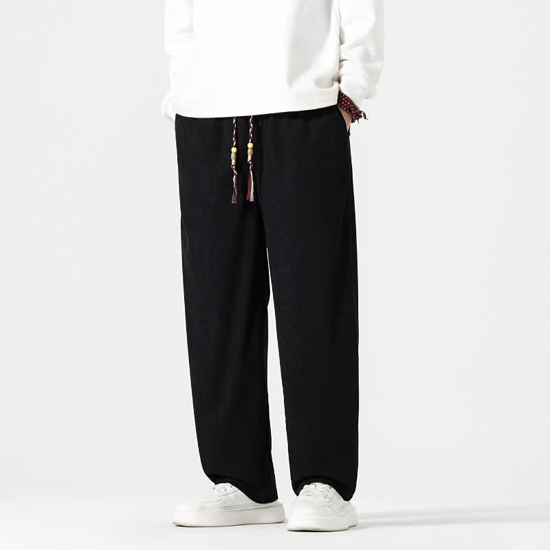 Buddha Stones Pantalones tobilleros de pana de corte recto con cordón ajustable, estilo boho casual para otoño/invierno, para hombre, con bolsillos. - image 20