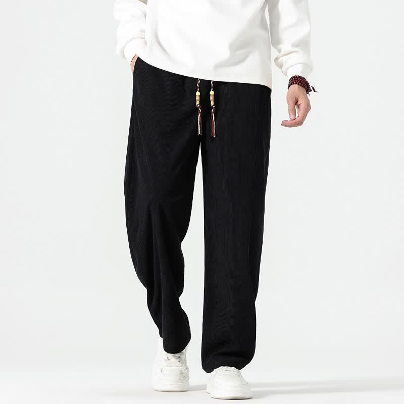 Buddha Stones Pantalones tobilleros de pana de corte recto con cordón ajustable, estilo boho casual para otoño/invierno, para hombre, con bolsillos. - image 19