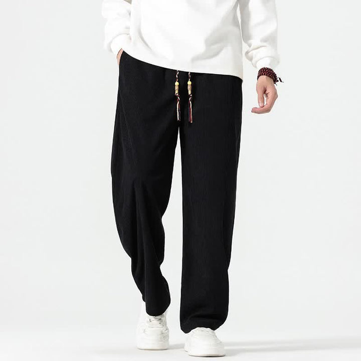 Buddha Stones Pantalones tobilleros de pana de corte recto con cordón ajustable, estilo boho casual para otoño/invierno, para hombre, con bolsillos. - image 19