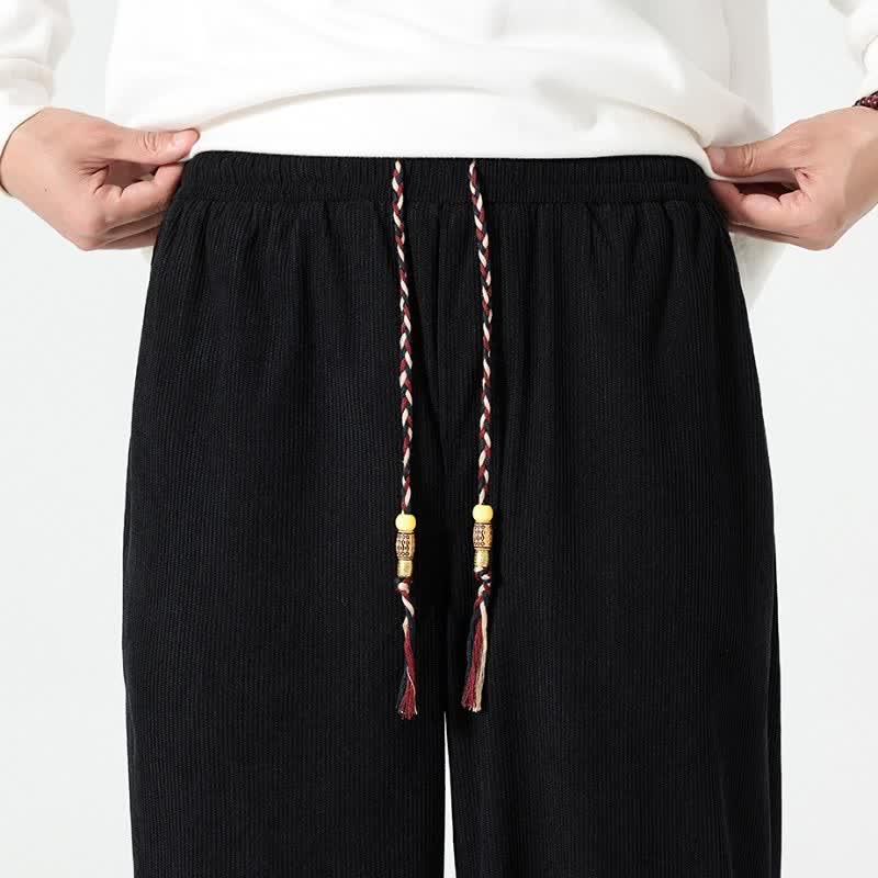 Buddha Stones Pantalones tobilleros de pana de corte recto con cordón ajustable, estilo boho casual para otoño/invierno, para hombre, con bolsillos. - image 23