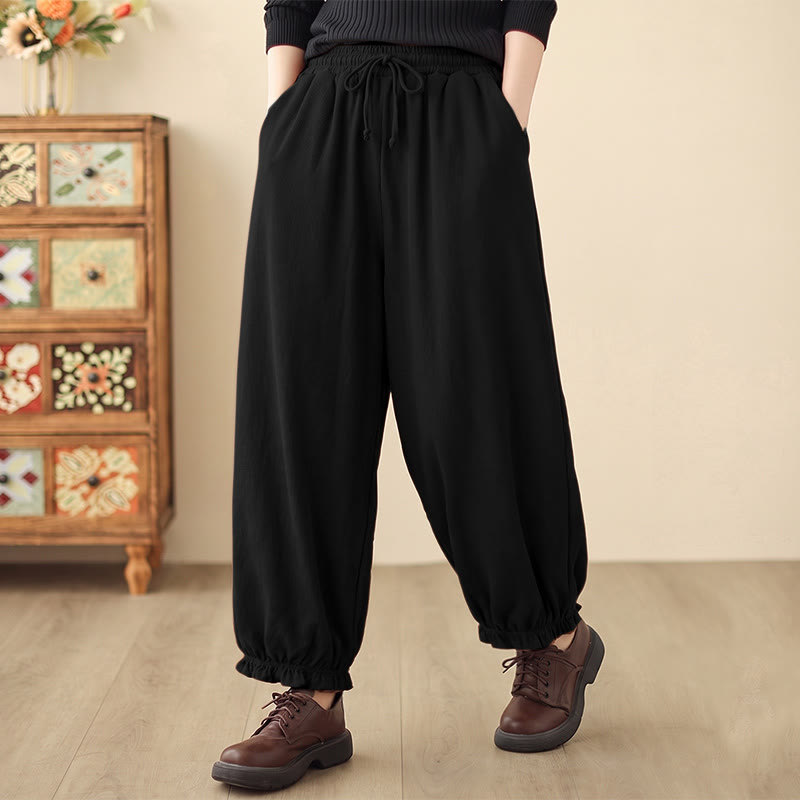 Buddha Stones Pantalones tobilleros minimalistas informales de primavera con cordón ajustable, pantalones harem para mujer con bolsillos. - Negro - US12, UK/AU16, EU44 (2XL) - image 0