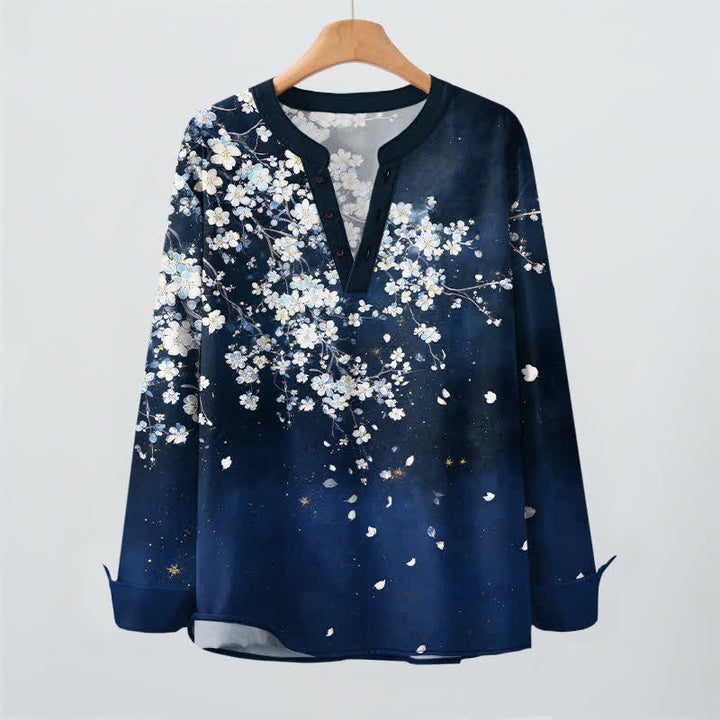 Buddha Stones Camisas de manga larga para hombre con cuello en V, cuello en V y estampado floral de pétalos caídos, de algodón. - image 2