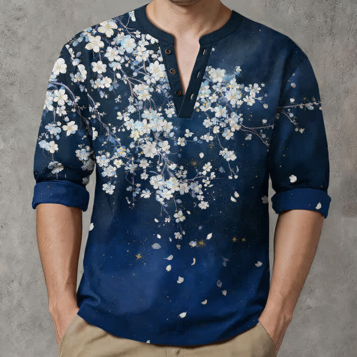 Buddha Stones Camisas de manga larga para hombre con cuello en V, cuello en V y estampado floral de pétalos caídos, de algodón. - image 1