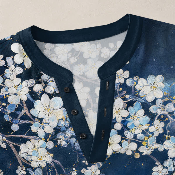 Buddha Stones Camisas de manga larga para hombre con cuello en V, cuello en V y estampado floral de pétalos caídos, de algodón. - image 4