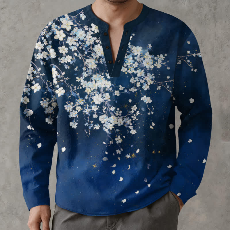 Buddha Stones Camisas de manga larga para hombre con cuello en V, cuello en V y estampado floral de pétalos caídos, de algodón. - Marina de guerra - US/UK/AU48, UE58 (4XL) - image 0