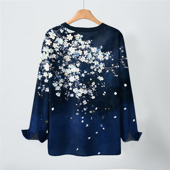 Buddha Stones Camisas de manga larga para hombre con cuello en V, cuello en V y estampado floral de pétalos caídos, de algodón. - image 3