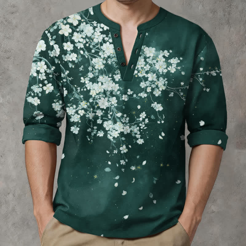 Buddha Stones Camisas de manga larga para hombre con cuello en V, cuello en V y estampado floral de pétalos caídos, de algodón. - image 8