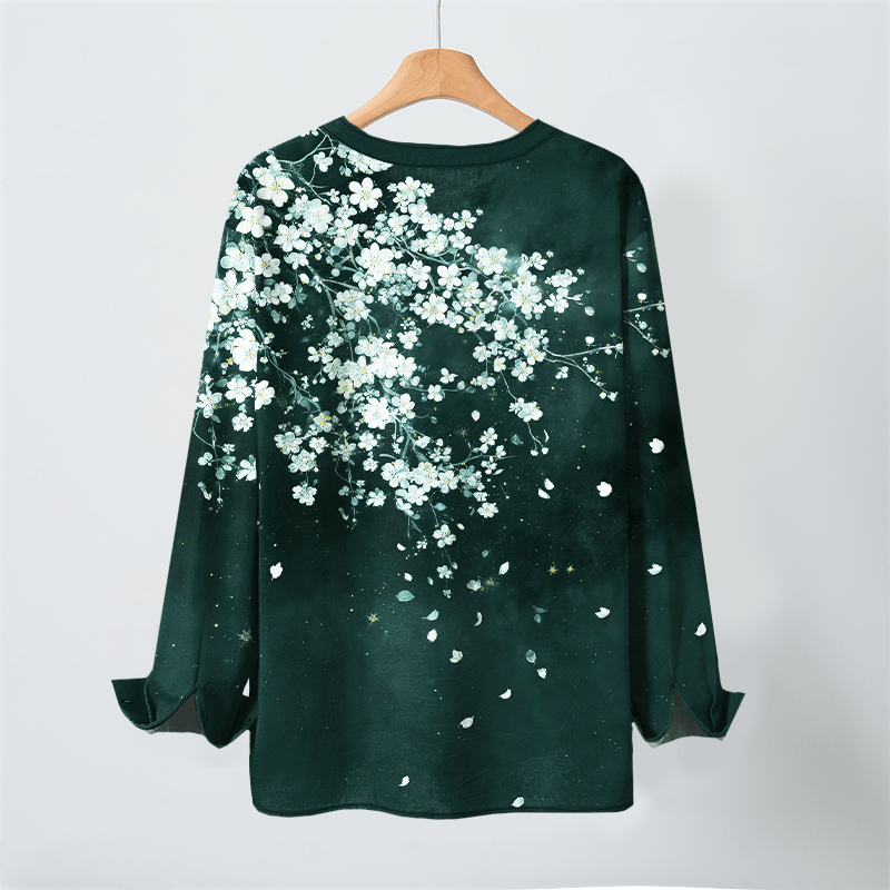 Buddha Stones Camisas de manga larga para hombre con cuello en V, cuello en V y estampado floral de pétalos caídos, de algodón. - image 10