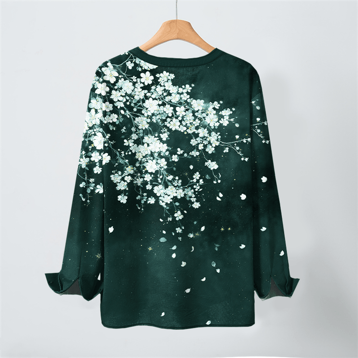 Buddha Stones Camisas de manga larga para hombre con cuello en V, cuello en V y estampado floral de pétalos caídos, de algodón. - image 10