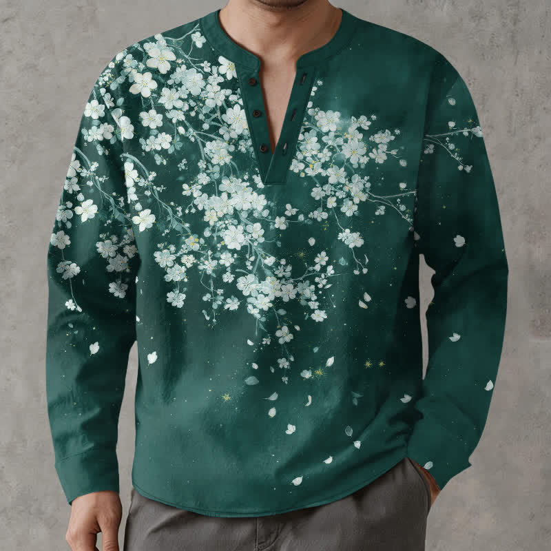 Buddha Stones Camisas de manga larga para hombre con cuello en V, cuello en V y estampado floral de pétalos caídos, de algodón. - Verde azulado - US/UK/AU48, UE58 (4XL) - image 7
