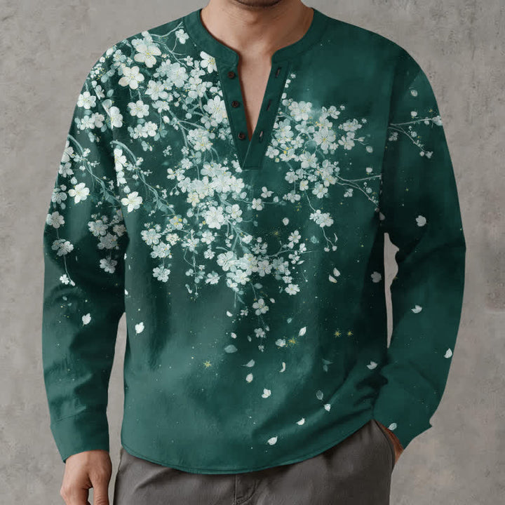 Buddha Stones Camisas de manga larga para hombre con cuello en V, cuello en V y estampado floral de pétalos caídos, de algodón. - Verde azulado - US/UK/AU48, UE58 (4XL) - image 7