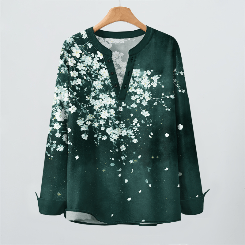 Buddha Stones Camisas de manga larga para hombre con cuello en V, cuello en V y estampado floral de pétalos caídos, de algodón. - image 9