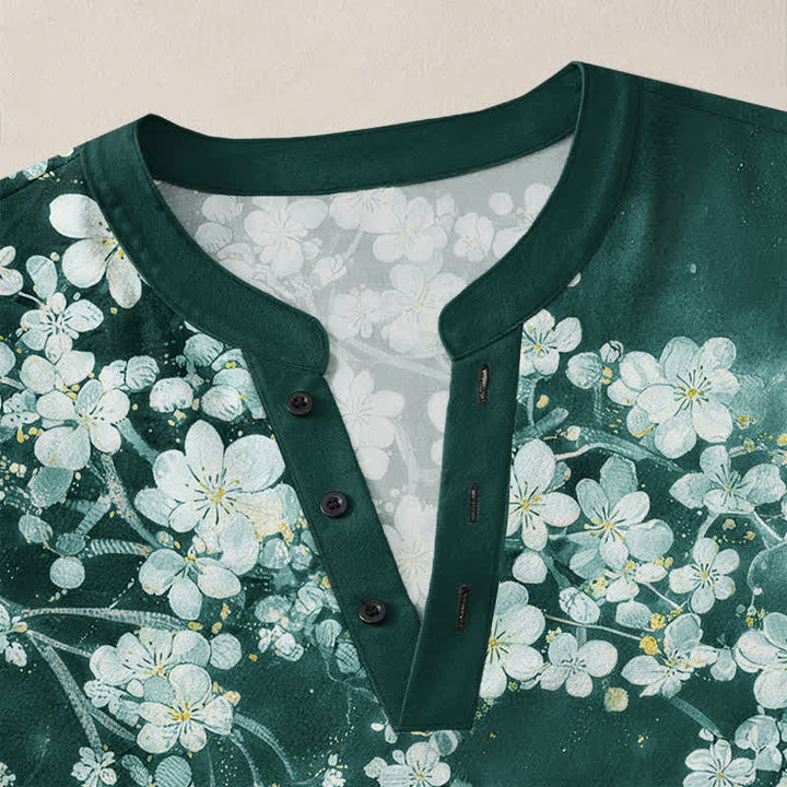 Buddha Stones Camisas de manga larga para hombre con cuello en V, cuello en V y estampado floral de pétalos caídos, de algodón. - image 11