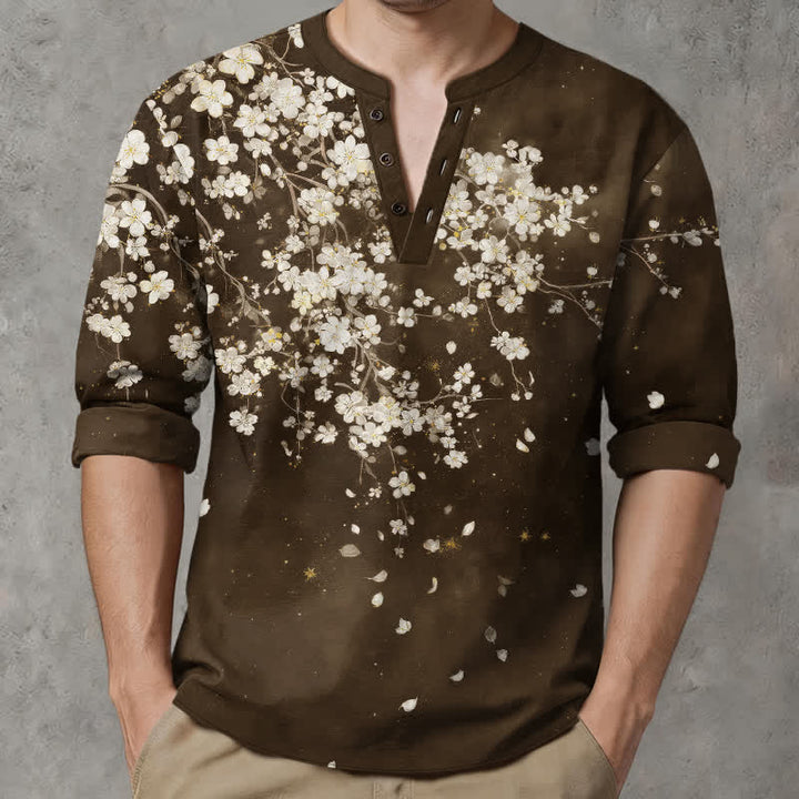 Buddha Stones Camisas de manga larga para hombre con cuello en V, cuello en V y estampado floral de pétalos caídos, de algodón. - image 15