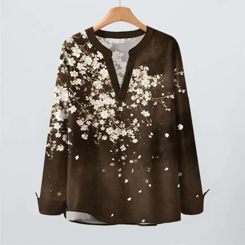 Buddha Stones Camisas de manga larga para hombre con cuello en V, cuello en V y estampado floral de pétalos caídos, de algodón. - image 16