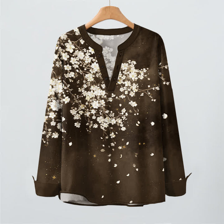 Buddha Stones Camisas de manga larga para hombre con cuello en V, cuello en V y estampado floral de pétalos caídos, de algodón. - image 16