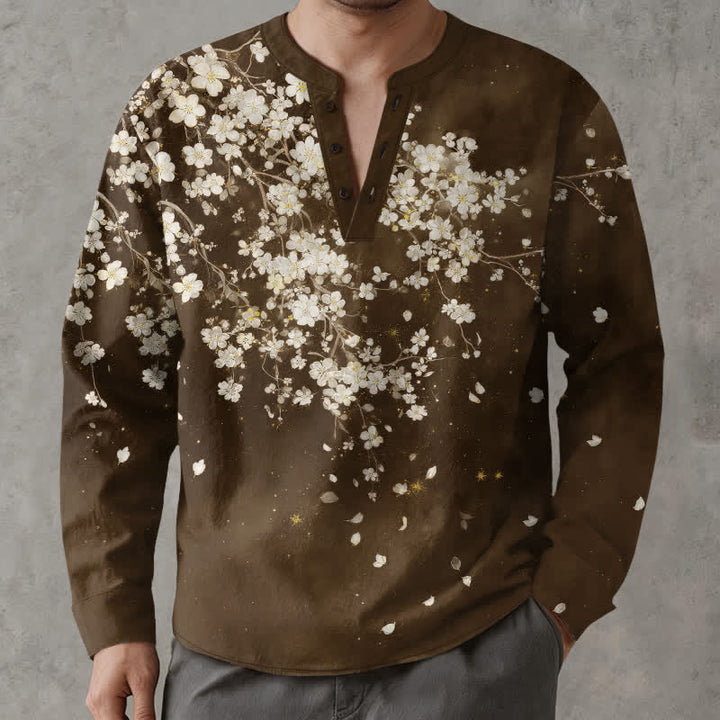 Buddha Stones Camisas de manga larga para hombre con cuello en V, cuello en V y estampado floral de pétalos caídos, de algodón. - Marrón silla de montar - US/UK/AU48, UE58 (4XL) - image 14