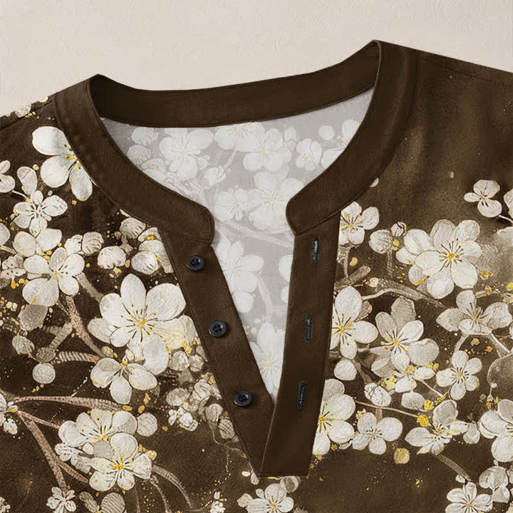 Buddha Stones Camisas de manga larga para hombre con cuello en V, cuello en V y estampado floral de pétalos caídos, de algodón. - image 18