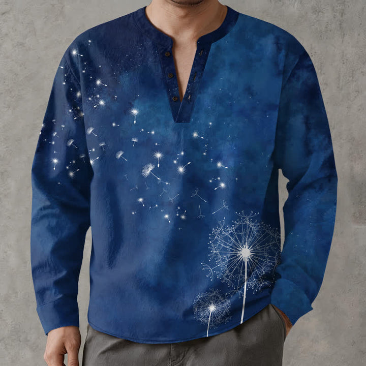 Buddha Stones Camisas de manga larga para hombre de algodón con cuello en V y estampado de semillas de diente de león. - Marina de guerra - US/UK/AU48, UE58 (4XL) - image 0