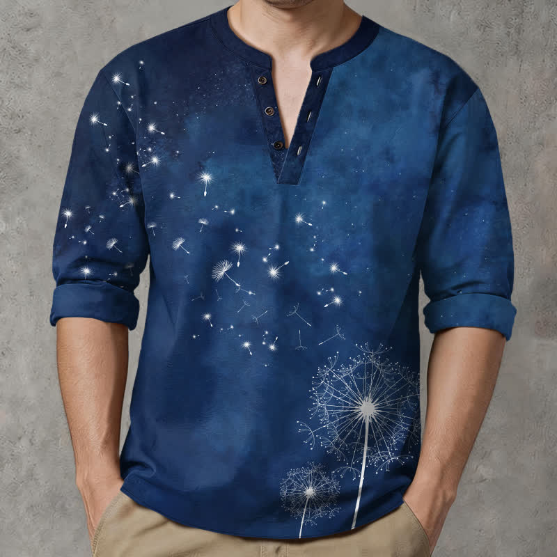 Buddha Stones Camisas de manga larga para hombre de algodón con cuello en V y estampado de semillas de diente de león. - image 1