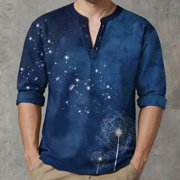 Buddha Stones Camisas de manga larga para hombre de algodón con cuello en V y estampado de semillas de diente de león. - image 1