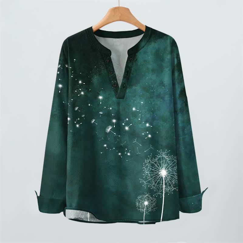 Buddha Stones Camisas de manga larga para hombre de algodón con cuello en V y estampado de semillas de diente de león. - image 9