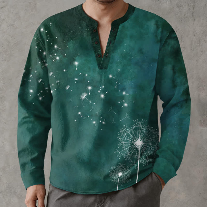 Buddha Stones Camisas de manga larga para hombre de algodón con cuello en V y estampado de semillas de diente de león. - Verde oscuro - US/UK/AU48, UE58 (4XL) - image 7