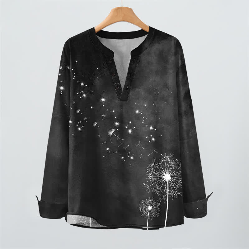 Buddha Stones Camisas de manga larga para hombre de algodón con cuello en V y estampado de semillas de diente de león. - image 16