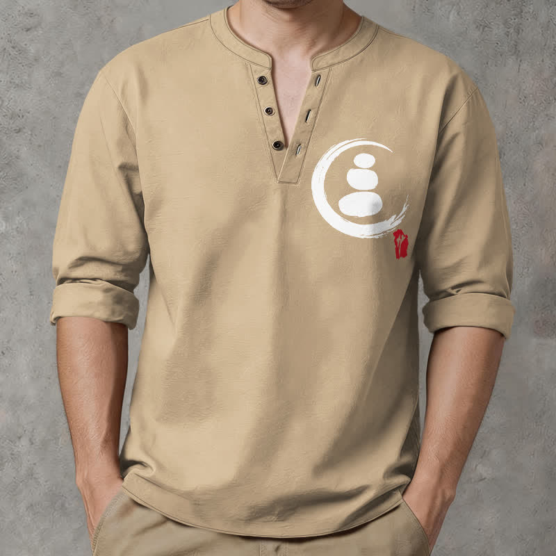Buddha Stones Camisas de manga larga para hombre de algodón con cuello en V, estampado minimalista de símbolos zen y botones. - Broncearse - US/UK/AU48, UE58 (4XL) - image 0