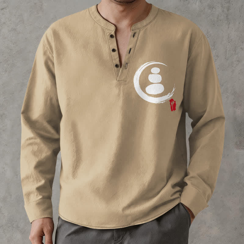 Buddha Stones Camisas de manga larga para hombre de algodón con cuello en V, estampado minimalista de símbolos zen y botones. - image 1