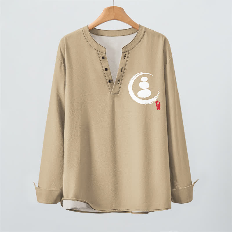 Buddha Stones Camisas de manga larga para hombre de algodón con cuello en V, estampado minimalista de símbolos zen y botones. - image 2