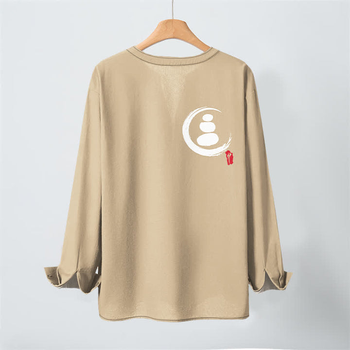 Buddha Stones Camisas de manga larga para hombre de algodón con cuello en V, estampado minimalista de símbolos zen y botones. - image 3