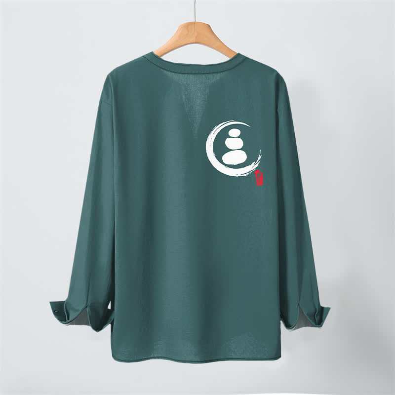 Buddha Stones Camisas de manga larga para hombre de algodón con cuello en V, estampado minimalista de símbolos zen y botones. - image 10