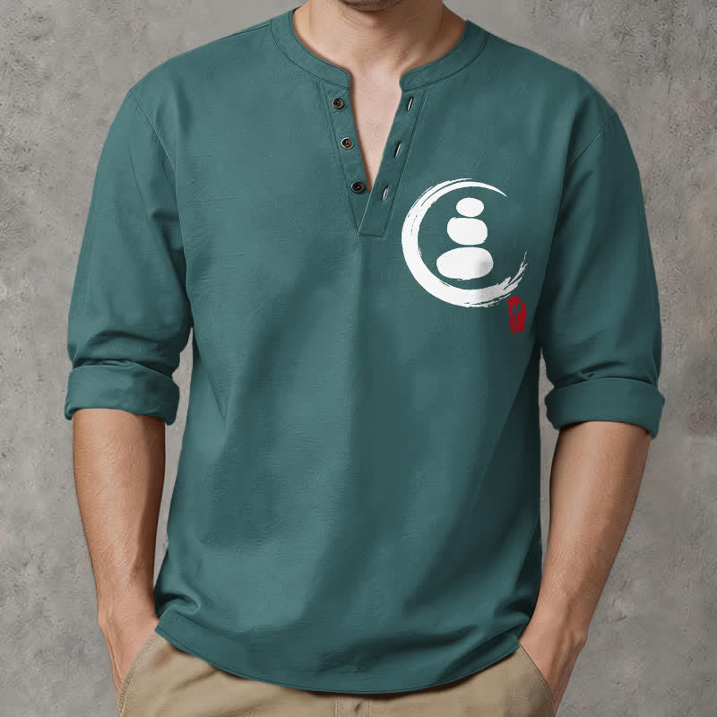 Buddha Stones Camisas de manga larga para hombre de algodón con cuello en V, estampado minimalista de símbolos zen y botones. - Verde azulado - US/UK/AU48, UE58 (4XL) - image 7