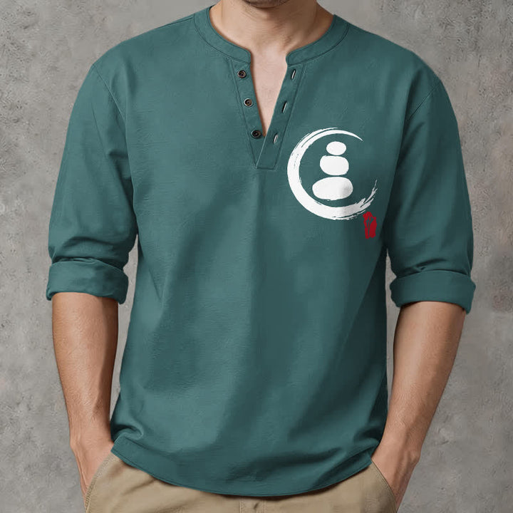 Buddha Stones Camisas de manga larga para hombre de algodón con cuello en V, estampado minimalista de símbolos zen y botones. - Verde azulado - US/UK/AU48, UE58 (4XL) - image 7