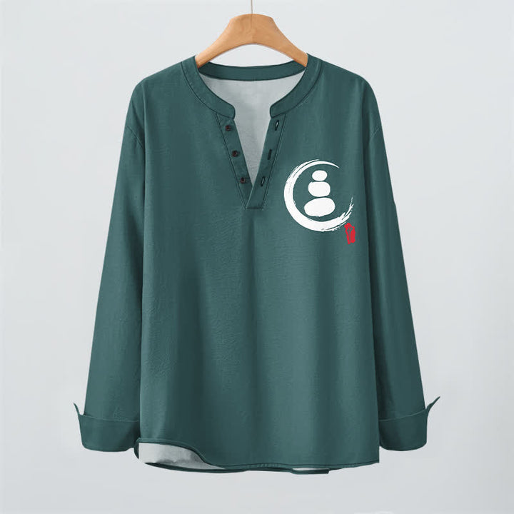 Buddha Stones Camisas de manga larga para hombre de algodón con cuello en V, estampado minimalista de símbolos zen y botones. - image 9