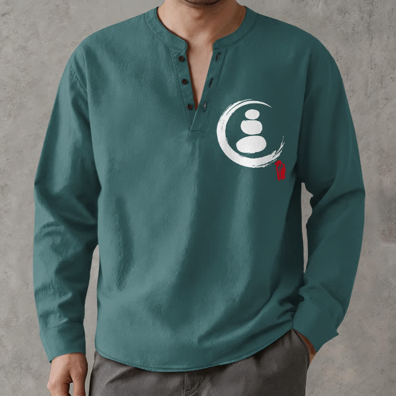 Buddha Stones Camisas de manga larga para hombre de algodón con cuello en V, estampado minimalista de símbolos zen y botones. - image 8