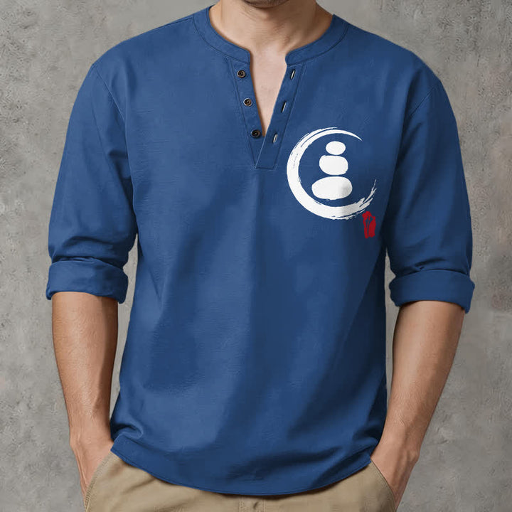 Buddha Stones Camisas de manga larga para hombre de algodón con cuello en V, estampado minimalista de símbolos zen y botones. - Azul acero - US/UK/AU48, UE58 (4XL) - image 14
