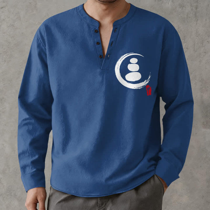 Buddha Stones Camisas de manga larga para hombre de algodón con cuello en V, estampado minimalista de símbolos zen y botones. - image 15