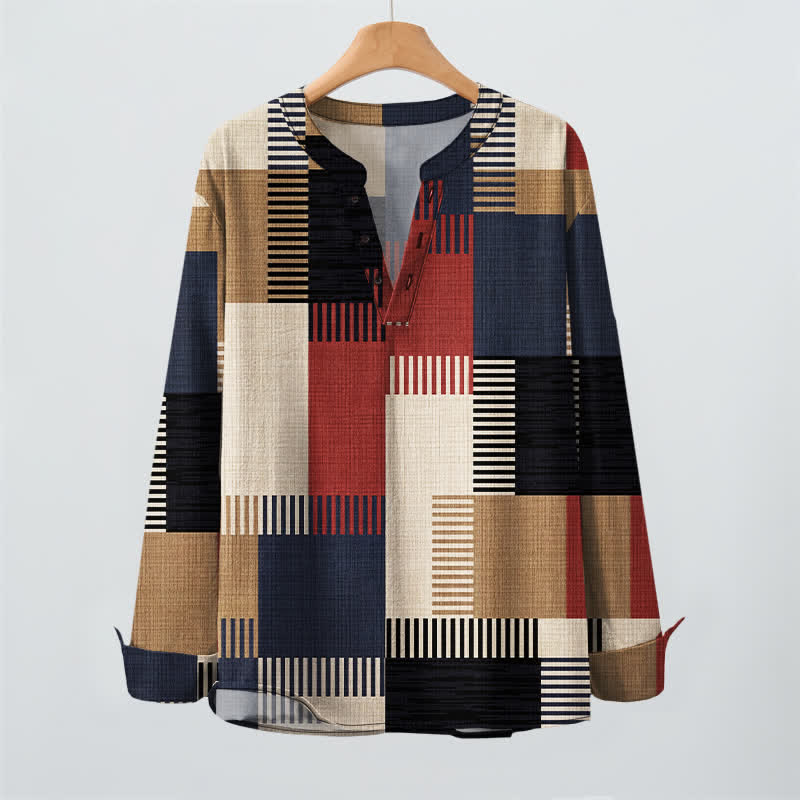 Buddha Stones Camisas de manga larga para hombre de algodón con cuello en V, estampado geométrico retro de patchwork y botones. - image 2