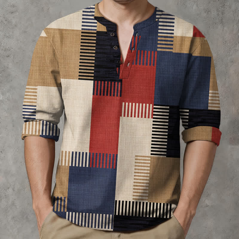 Buddha Stones Camisas de manga larga para hombre de algodón con cuello en V, estampado geométrico retro de patchwork y botones. - Rojo - US/UK/AU48, UE58 (4XL) - image 0