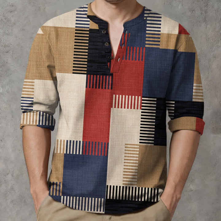 Buddha Stones Camisas de manga larga para hombre de algodón con cuello en V, estampado geométrico retro de patchwork y botones. - Rojo - US/UK/AU48, UE58 (4XL) - image 0