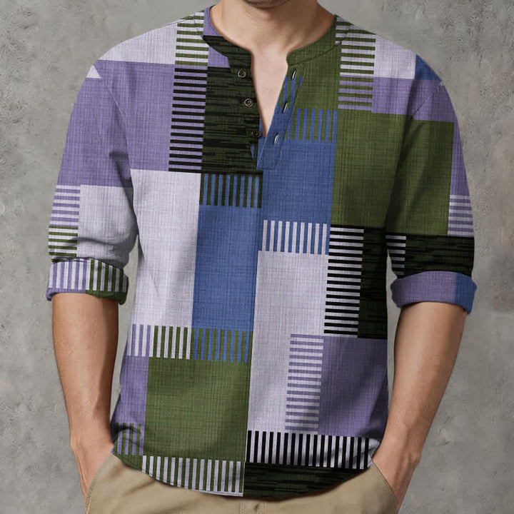 Buddha Stones Camisas de manga larga para hombre de algodón con cuello en V, estampado geométrico retro de patchwork y botones. - Morado medio - US/UK/AU48, UE58 (4XL) - image 7