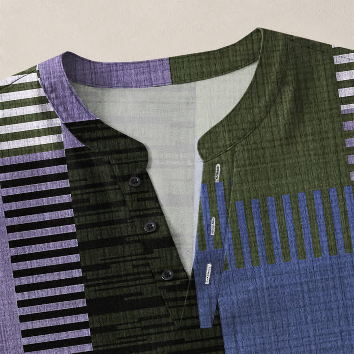 Buddha Stones Camisas de manga larga para hombre de algodón con cuello en V, estampado geométrico retro de patchwork y botones. - image 11